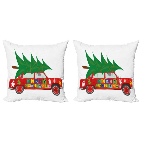 Ambesonne Christmas Throw Pillow Cover 2 Pack, Red Vintage Car Elf, 20", Vermilion Green White