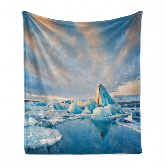 Iceland Soft Flannel Fleece Throw Blanket, Icebergs Floating on Jokulsarlon Glacier Lagoon at Sunrise, Cozy Plush for Indoor and Outdoor Use, 60" x 80", Sea Blue Tan, by Ambesonne