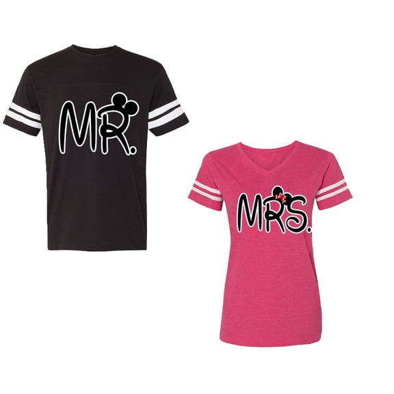 New Mr Mrs Unisex Couple Matching Cotton Jersey style T-Shirt Contrasting stripes on sleeves (Men Black / Women Pink) (Men XXL / Women XL)