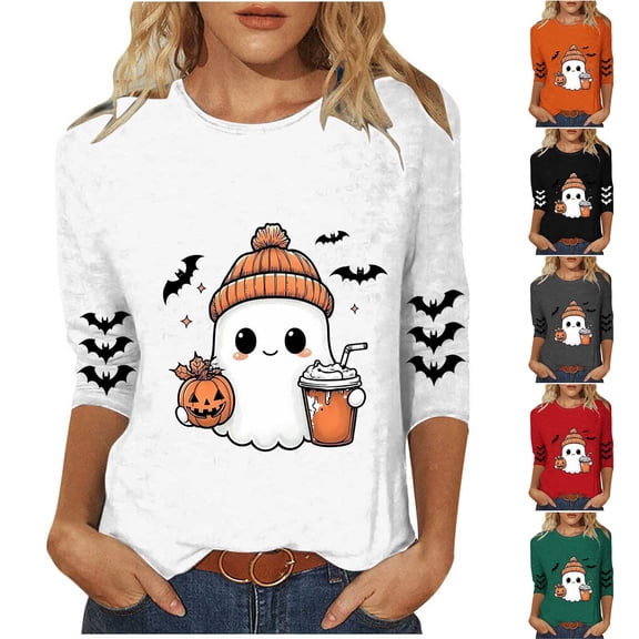 ZVAVZ Womens Halloween Tee Shirts Crew Neck Ghost Printed Top Cute Pumpkin Graphic Tees Fashion Bad Novelty Holiday T-Shirts White S