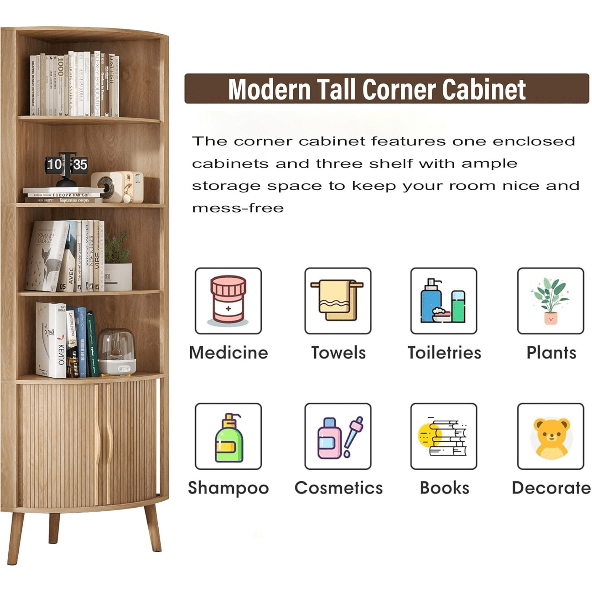 Diubas 66.73'' Tall Fluted Floor Corner Cabinet, Farmhouse Storage Cabinet with 2 Doors and 5 Storage Shelves for Living Room, Kitchen, Study Room, Natural