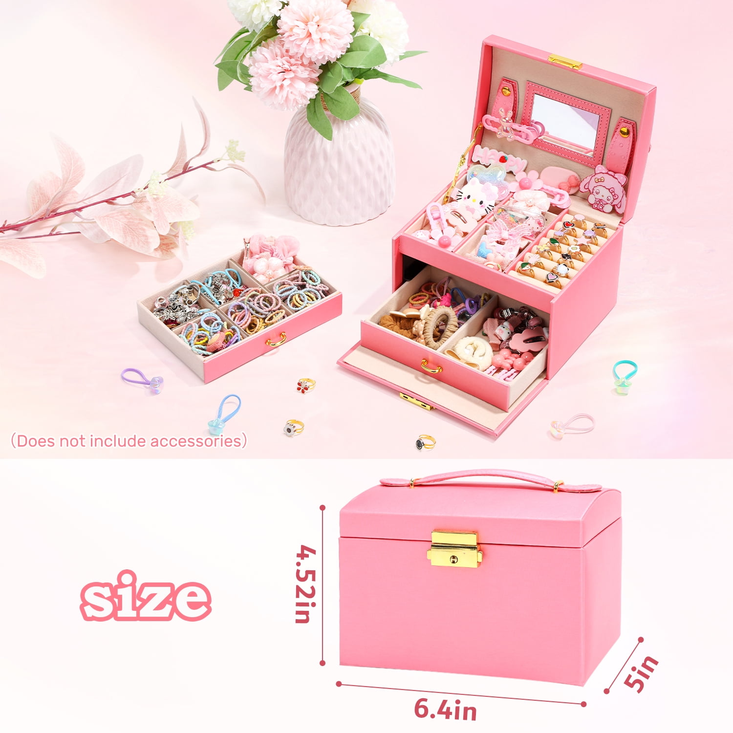 JoyStone 3 Layer Leather Jewelry Box Built-in Mirror, Portable Travel Jewelry Storage Case with Lock, Gift Jewelry Case for Women Girls,Pink