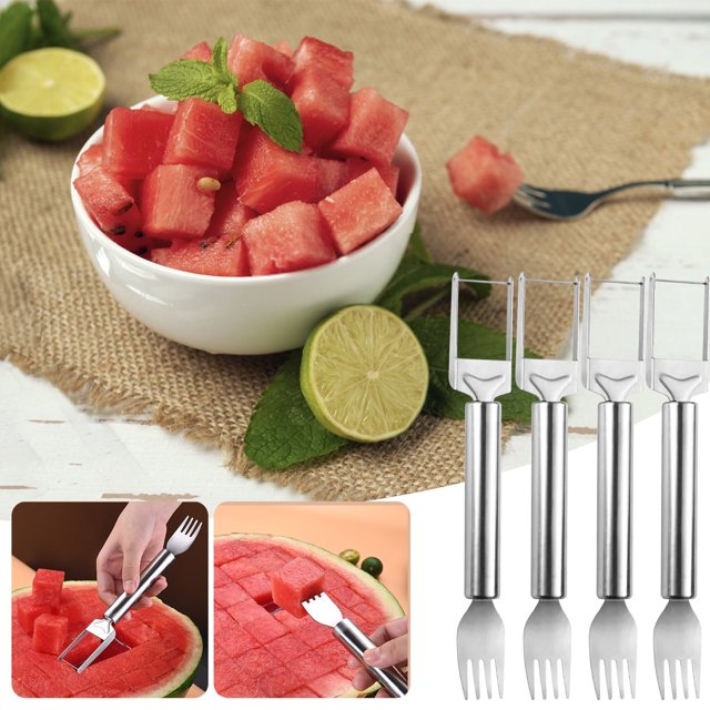 Cortador de sandía de acero inoxidable PWPSG, tenedor multifuncional para sandía, divisor de melón, bloque de corte, herramienta para cortar melón, tenedor de fruta, mango de tubo redondo, 4 piezas,