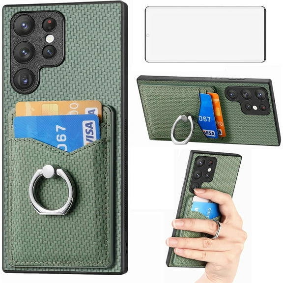 Phone Case for Samsung Galaxy S23 Ultra 5G Wallet Cover with Screen Protector Slim Ring Stand Credit Card Holder Magnetic Leather Cell Accessories S23Ultra 23S S 23 23Ultra 6.8 inch Women Men Green