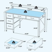 Greenstell 55 inch Computer Desk with Monitor Shelf, LED Lights, Power Outlets & 5 Storage Drawer, Home Office Desk, Black