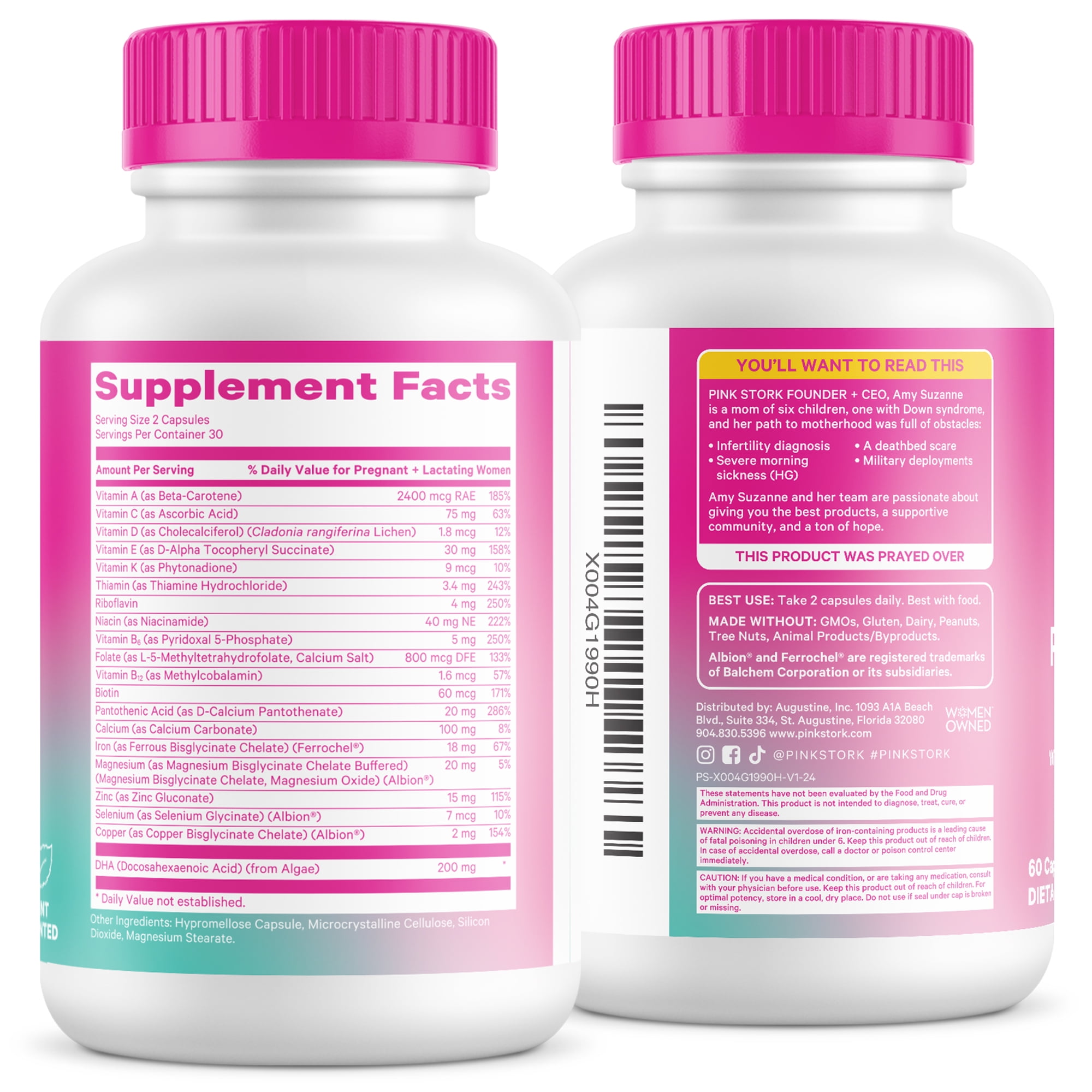 Pink Stork Postnatal Multivitamin for Breastfeeding Moms, 60ct - Vegan DHA, Iron, Folate, and Vitamin B12