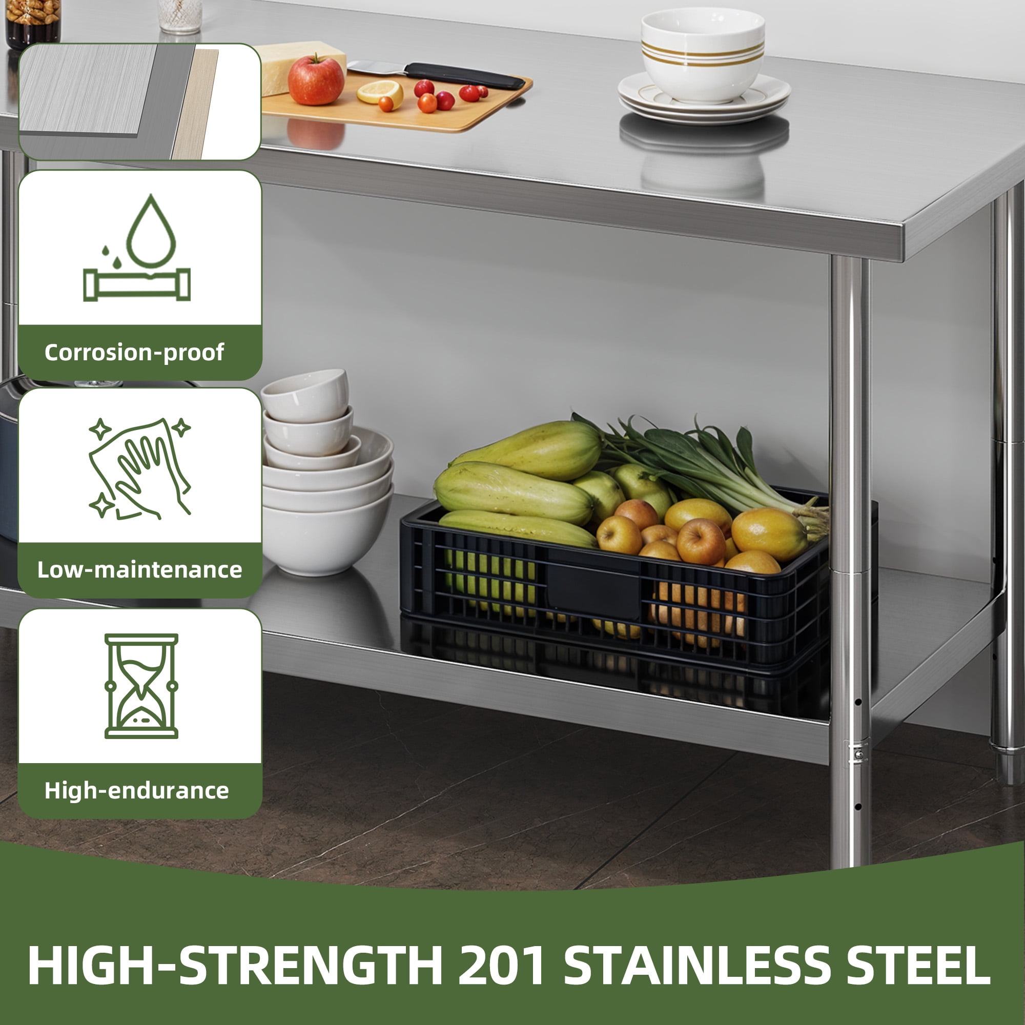 Uforic 60" ×24"  Stainless Steel Table with Undershelf Adjustable, NSF Commercial Kitchen Work Table