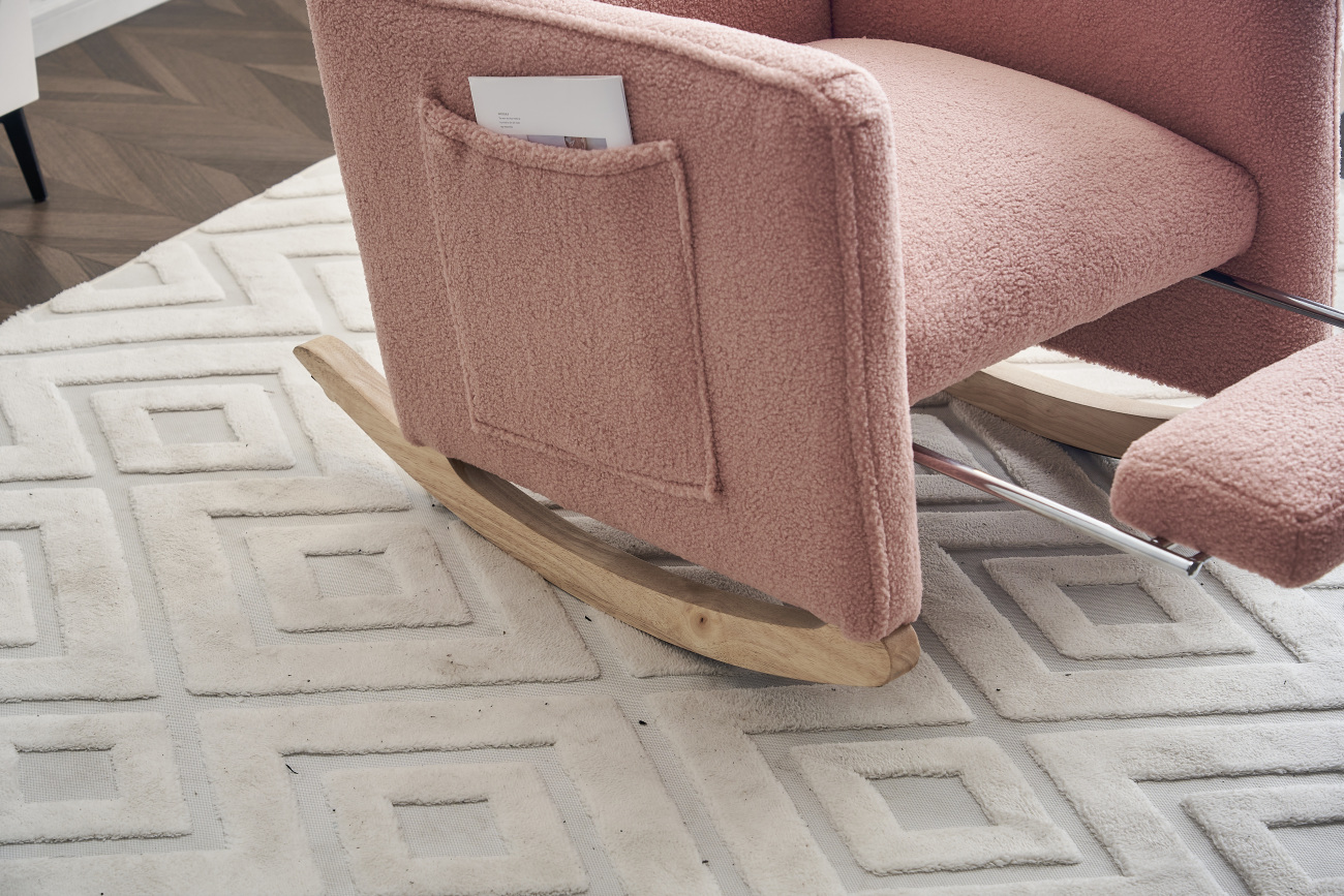 Teddy Fabric Nursery Rocking Chair With Adjustable Footrest, Upholstered Glider Armchair with Safe Solid Wood Base and Side Pocket for Living Room Bedroom (Pink)