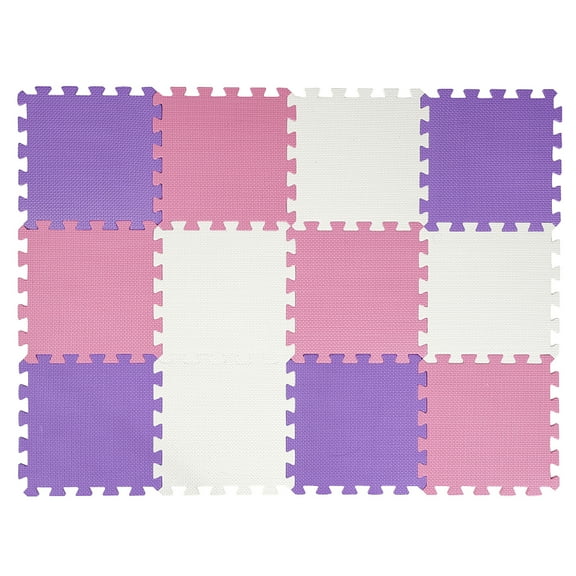 Easy Playhouse: 12 Soft Foam Floor Puzzle Tiles - Pink-Purple-White - 12" Interlocking Mat Pieces (4'x3'), Nursery, Playroom, Gym, Children & Adults
