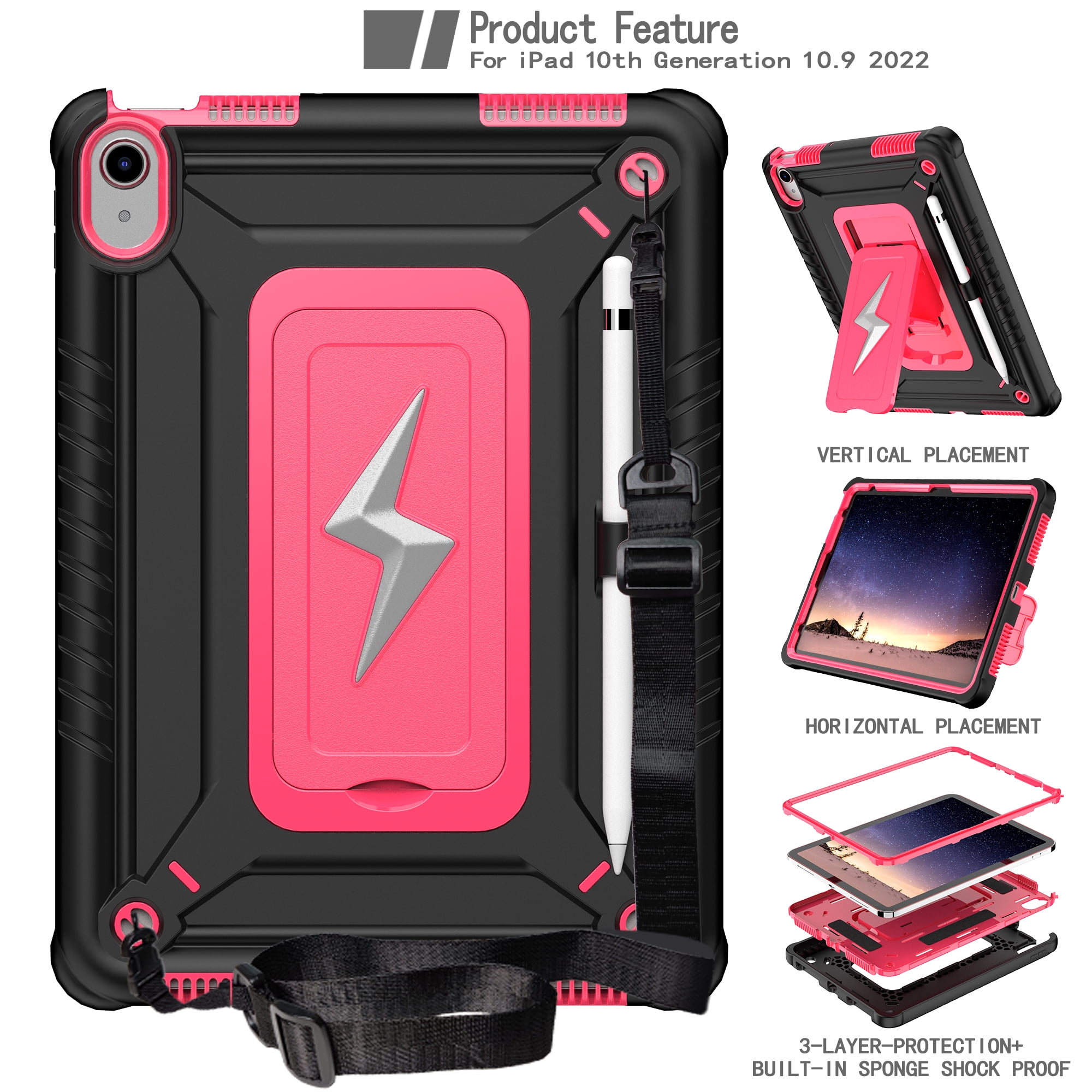 ELEHOLD For iPad Air 3rd Generation 2019 / iPad Pro 2017 10.5 inch ,Rugged Shockproof 3-Layer Kickstand Pencil Holder Protective Case with Shoulder Strap for Kids,Outdoor Travel,Blackrose