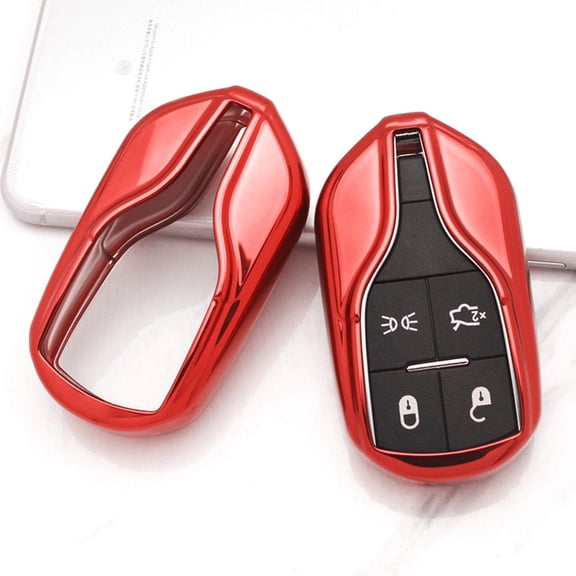 Chrome Finish Red TPU Key Fob Protective Cover Case For 2013-up Maserati Quattroporte, Ghibli, 2017-up Levante