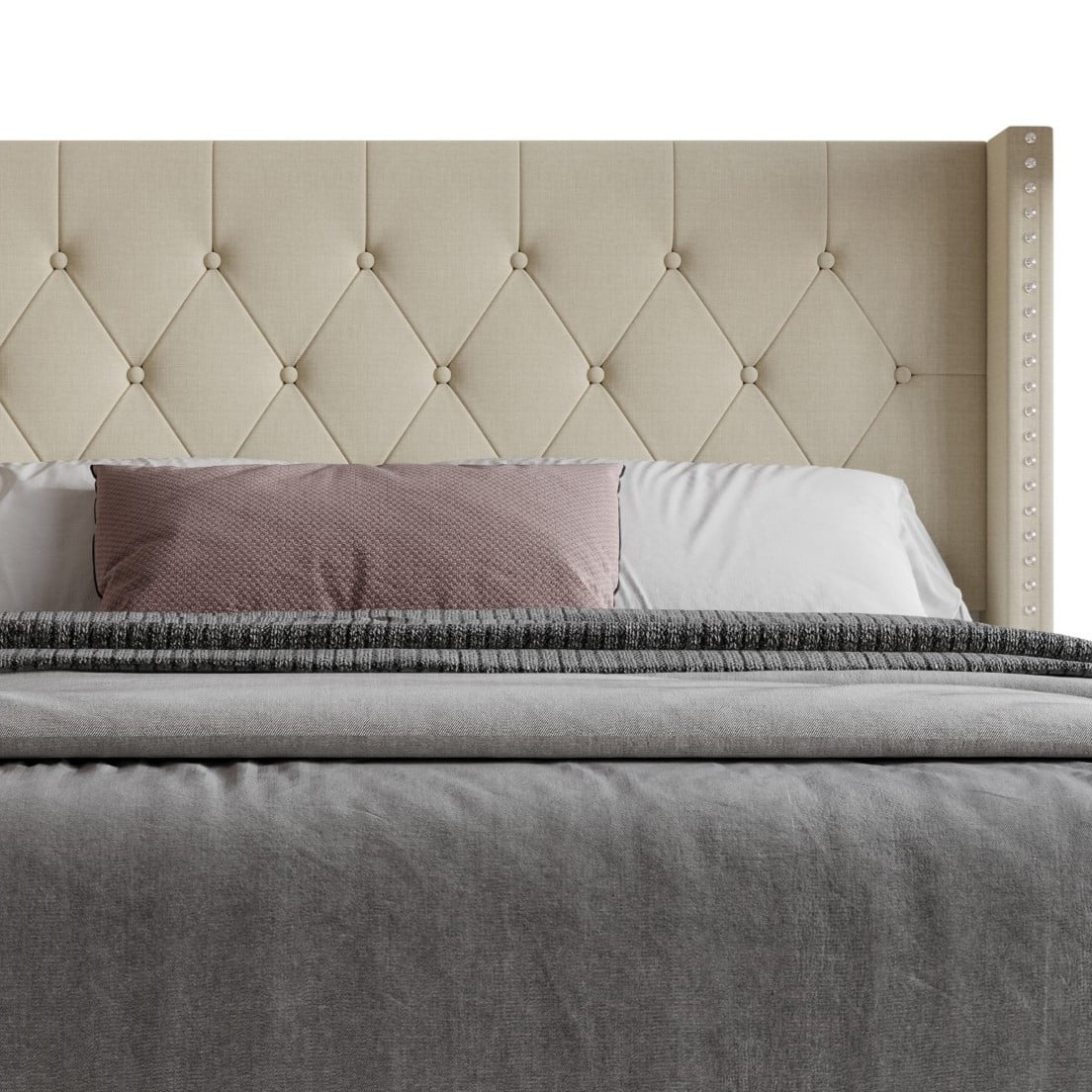 Home Design Homer King Button-Tufted Wingback Upholstered Panel Bed Frame with Nailhead Trim design for Adult, Beige, Easy Assembly