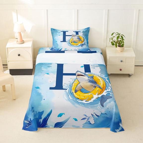 Feelyou Shark Letter H Twin Sheet Sets for Kids, Cute Ocean Animal Bedding, Blue, 3 Pieces