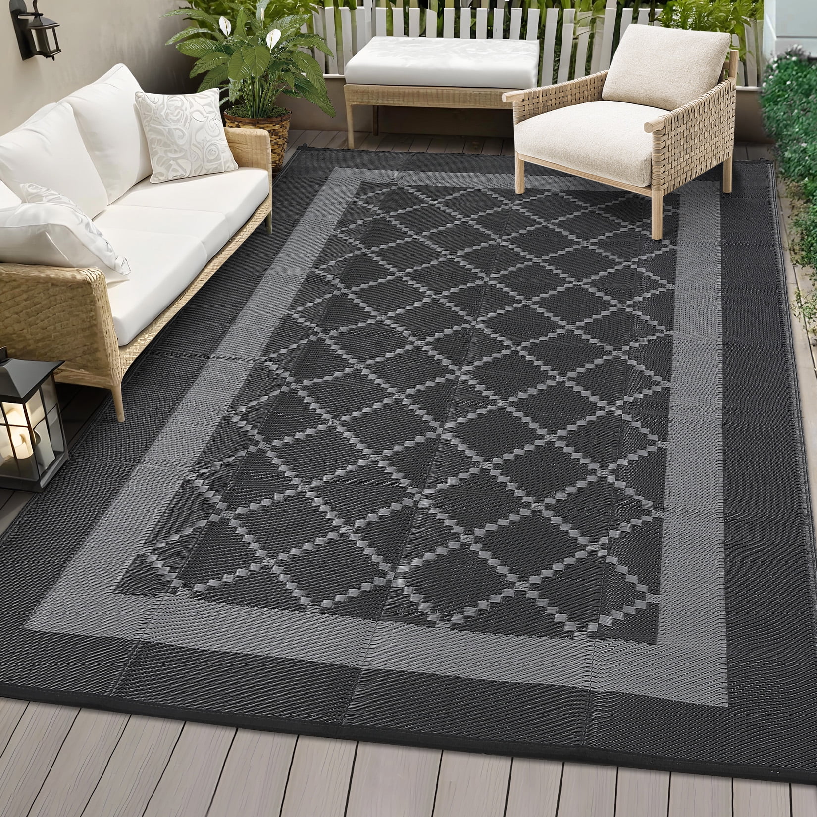 HIWEAVER 8' x 10' Black/Gray Outdoor Rug PP Plastic Straw Woven Waterproof Patio Rug with Border Portable Outside Carpet for Balcony Deck Picnic Garden Decor