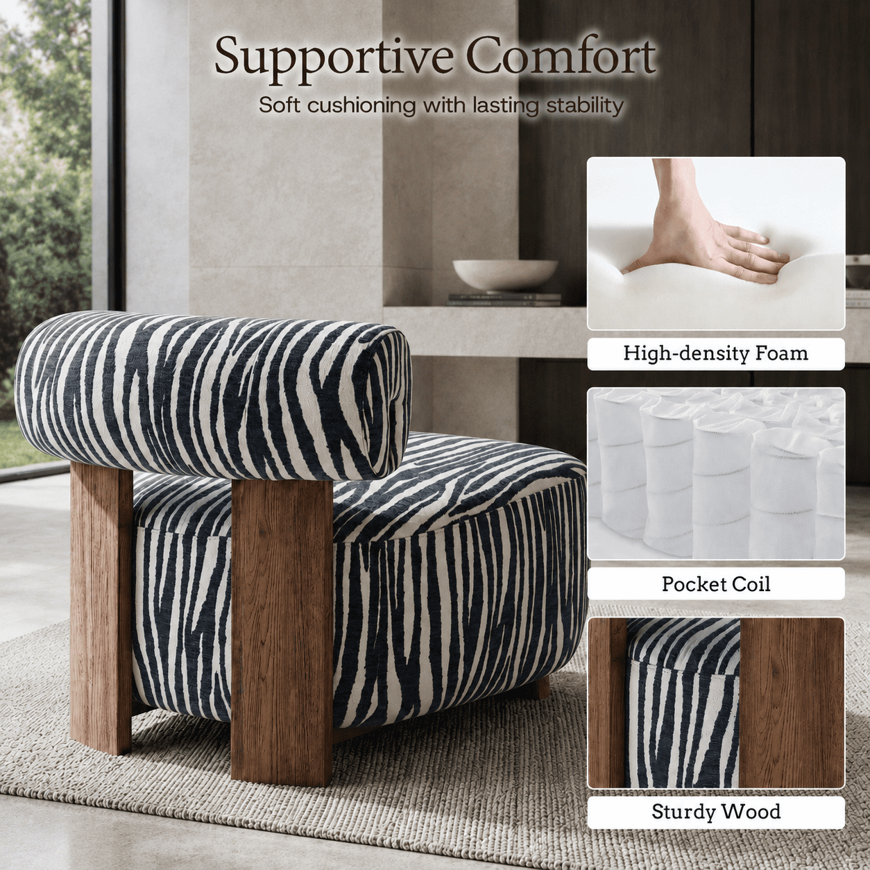 Aenkyo Zebra Stripe Chenille Accent Chair, 24 Inch Deep Seat Armless Chair, Midnight Blue