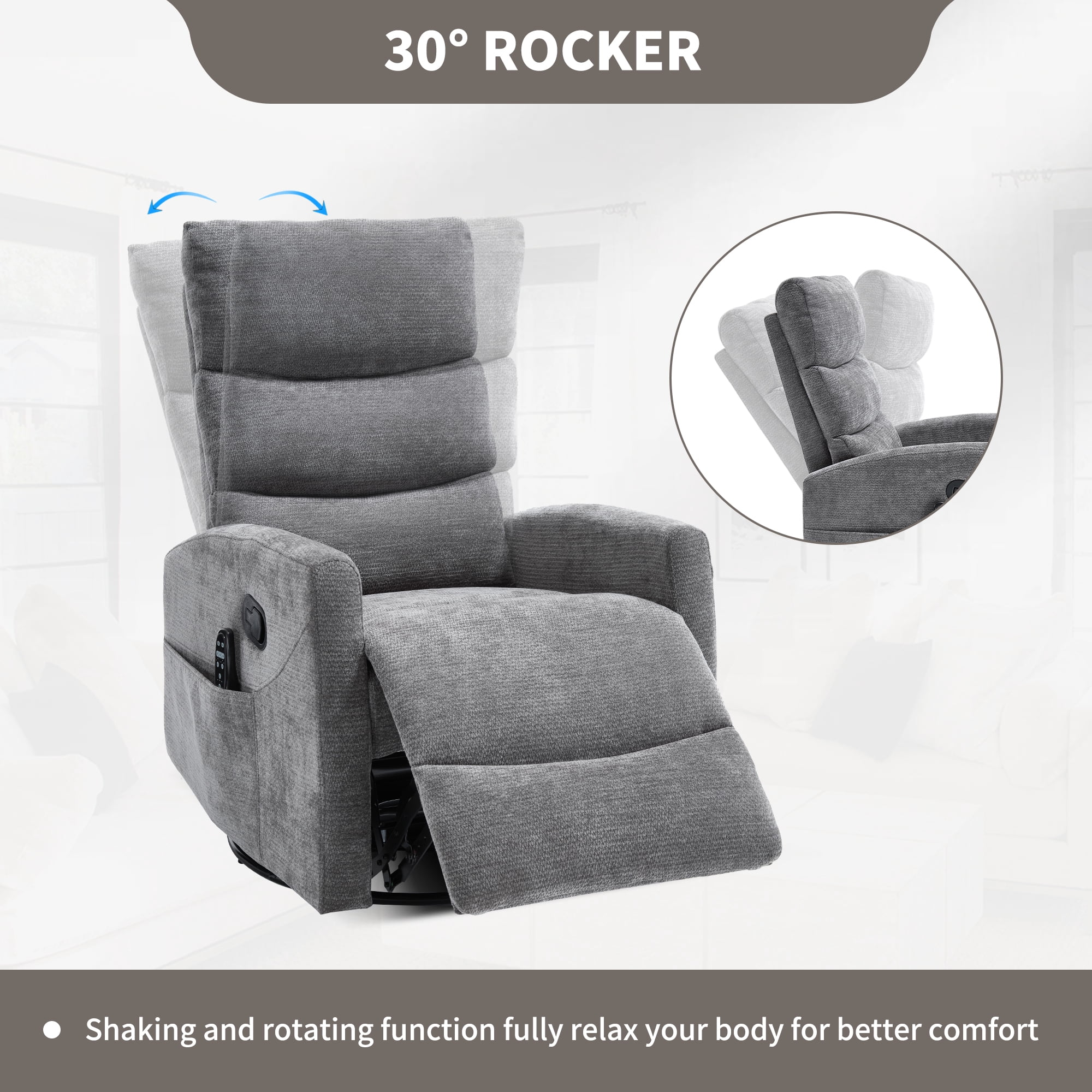 Aukfa 360° Swivel Recliner Rocking Chair with Massage and Heat for Living Room & Nursery, Chenille, Gray