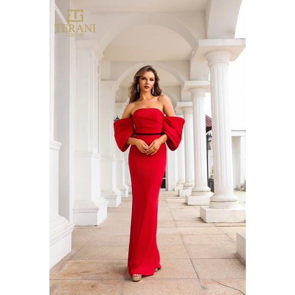 Terani Couture 251e4204 Matte Satin Off Shoulder Back Slit Sheath Dress Black 24