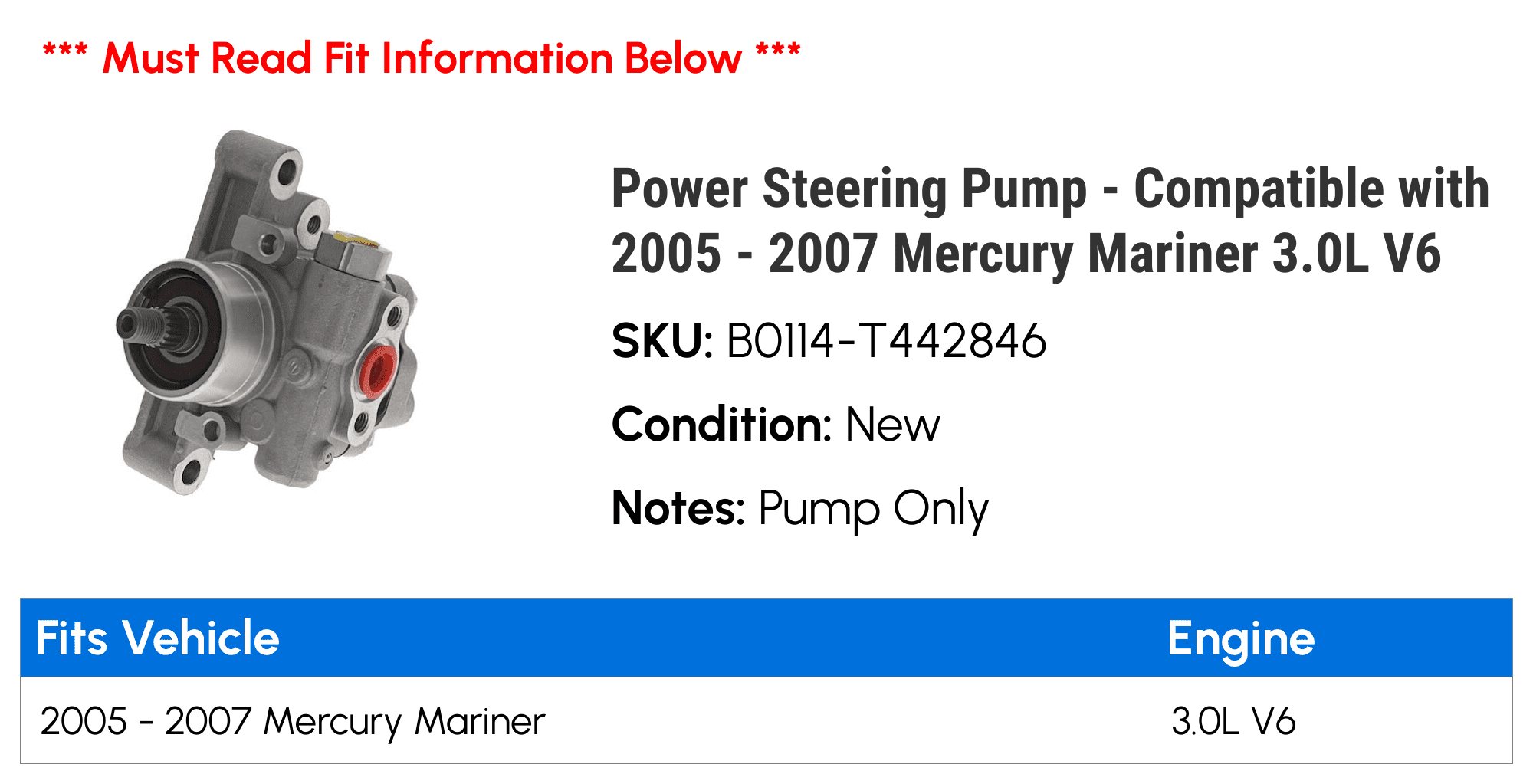 Power Steering Pump - Compatible with 2005 - 2007 Mercury Mariner 3.0L V6 2006