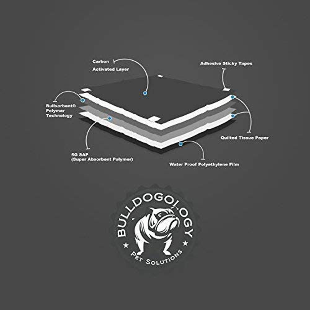 Bulldogology Puppy Pee Pads, Carbon Activated Charcoal, Large 24x24, 6 Layers, Quick-Dry Polymer, Adhesive Tape