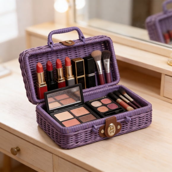 Caja de Almacenamiento de Ratán Imitación Retros - Diseño Tejido de Plástico, Asa Portátil, Opciones Multicolor, para Organización del Hogar/Picnic/Accesorios para Fotos de Boda (22x17x11cm)