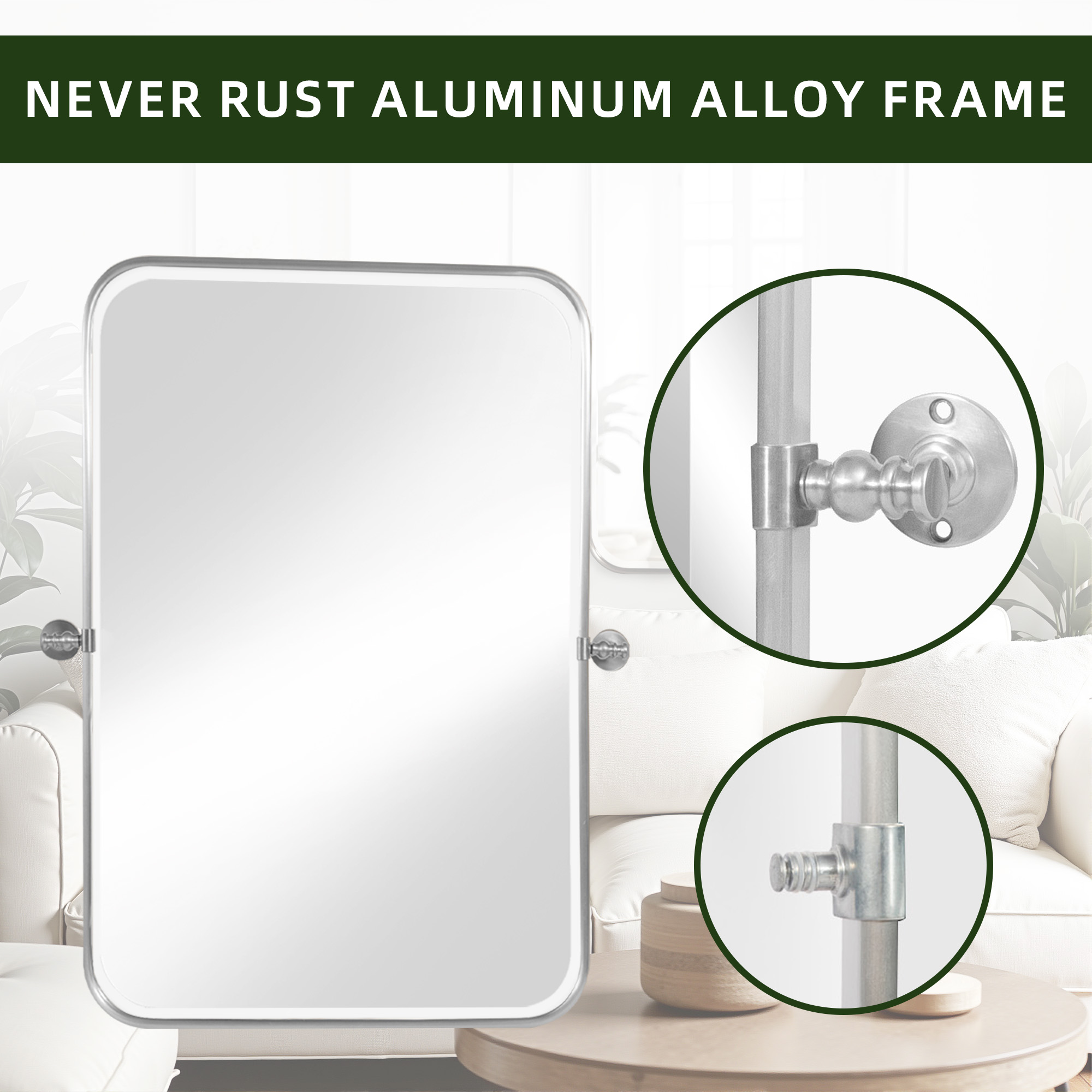 MAYEERTY 32"×24" Silver Iron Rectangular Wall Mirror Rounded Corners, Hardware, Double-Sided for Bathroom