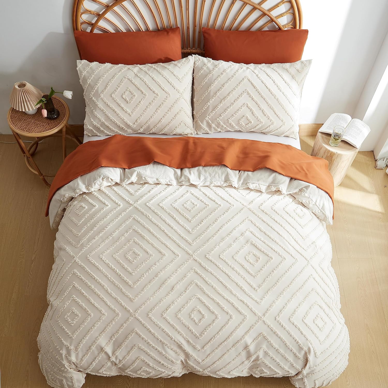 Nayoroom 3 Pieces Jacquard Geometric Pattern Tufted Duvet Cover Soft Lightweight Beige Duvet Cover Set Boho Shabby Chic Bedding Set,Queen size