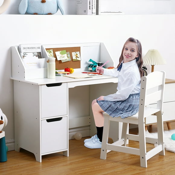 Kids Wooden Art Desk and Chair Set – Featuring Hutch, Bulletin Board, Storage Cabinets, Bookshelf – Computer Writing Table for Studying, Art, and Homework