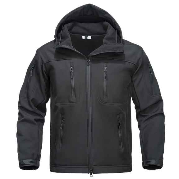 Men's Winter Jackets Waterproof Windbreaker Softshell Tactical Hooded Coat with Zip Pockets Breathable Windproof Regular Fit Outdoor Sports Jacket for Outdoor Black L