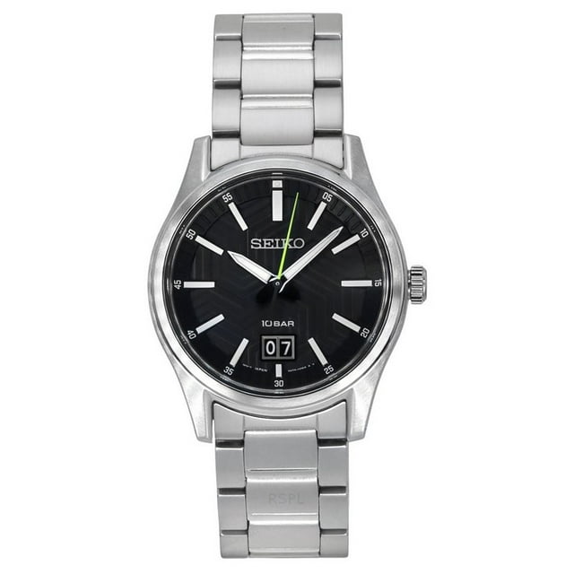 seiko analog stainless steel black dial quartz sur535p1 100m men's watch Reloj Seiko para hombre con caja y brazalete de acero inoxidable, esfera negra con índices aplicados, manecillas plateadas y segundero verde, doble ventana de fecha a las 6, movimiento de cuarzo y resistencia al agua 100 m. Apto también para uso como reloj de diario o como accesorio de vestimenta formal.