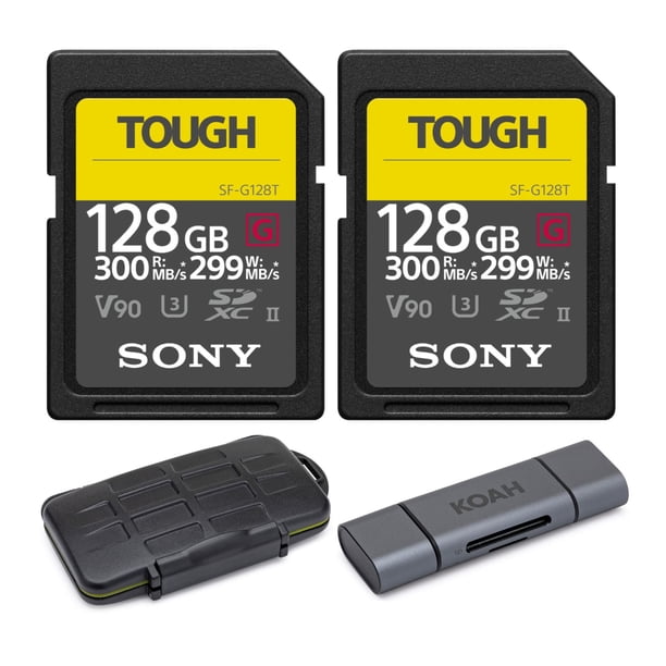 Paquete de 2 Tarjetas SD Sony 128GB UHS-II Tough G-Series con Lector de Tarjetas Tipo-C de Aluminio Compatible con Tarjetas de Hasta 512GB y Estuche Resistente para Almacenamiento (4 Artículos)