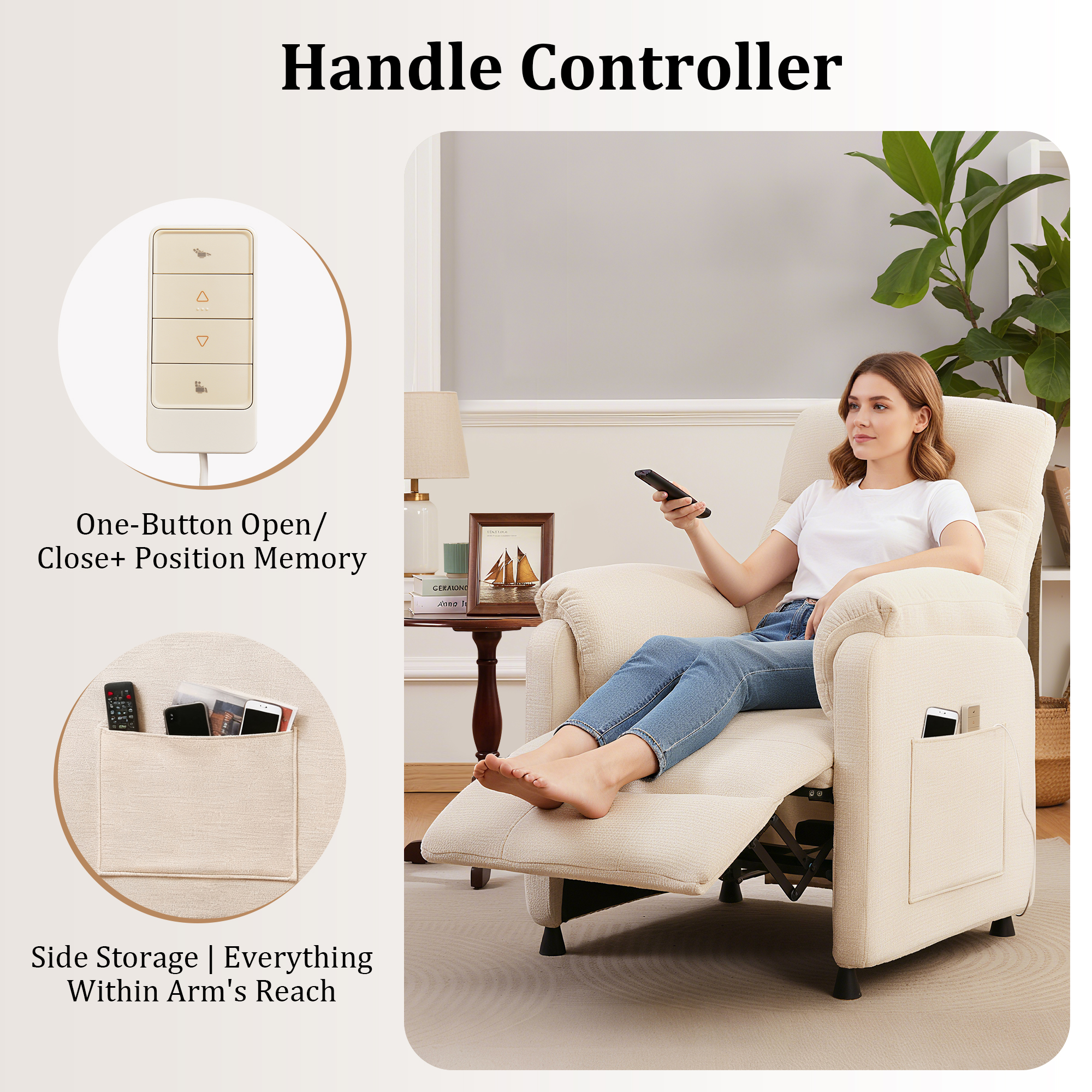 Miniyam Electric Recliner in White with 7-Zone Support & Silent Motor, Wired Remote & Plush Padding for Modern Living Room