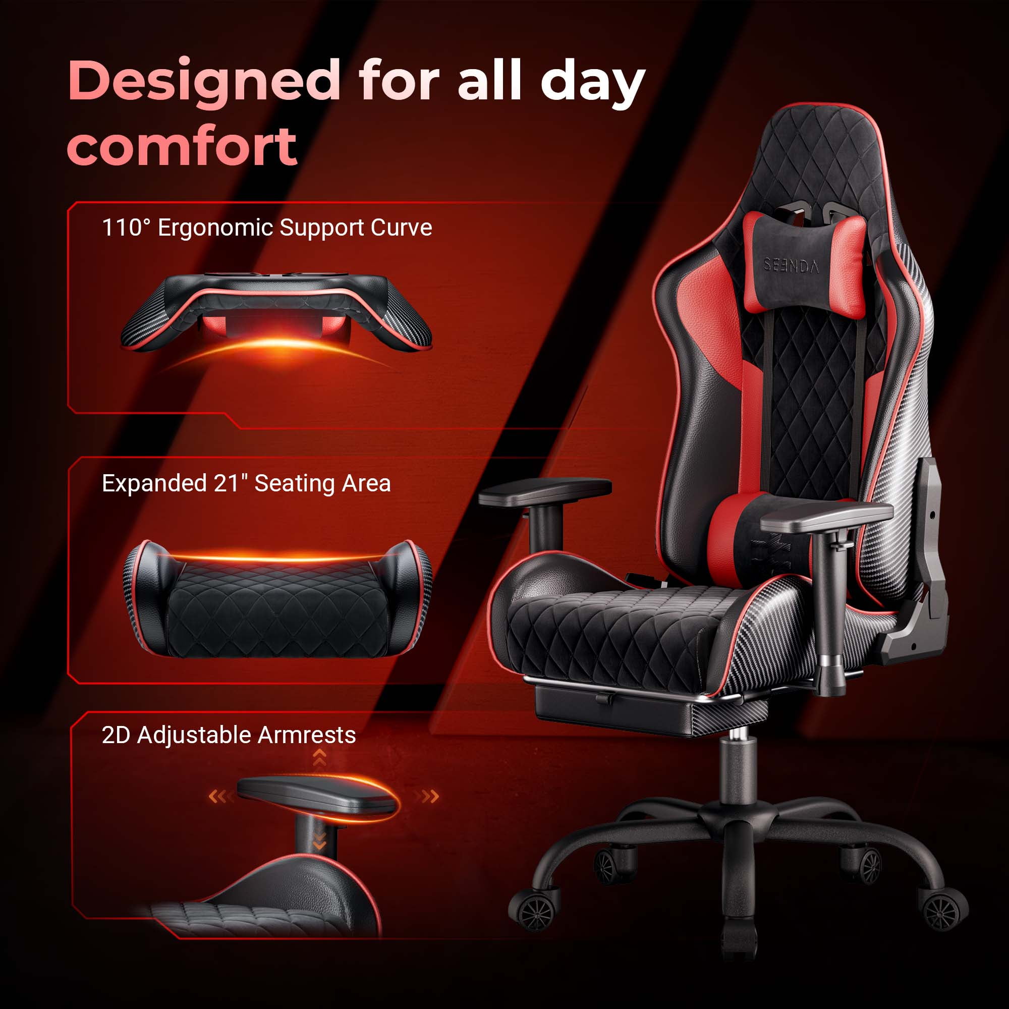 Seenda GCPro-10 Gaming Chair, Big and Tall Video Game Chair with Footrest, High Back Ergonomic Computer Desk Chair Height Adjustable with Headrest  and Lumbar Support