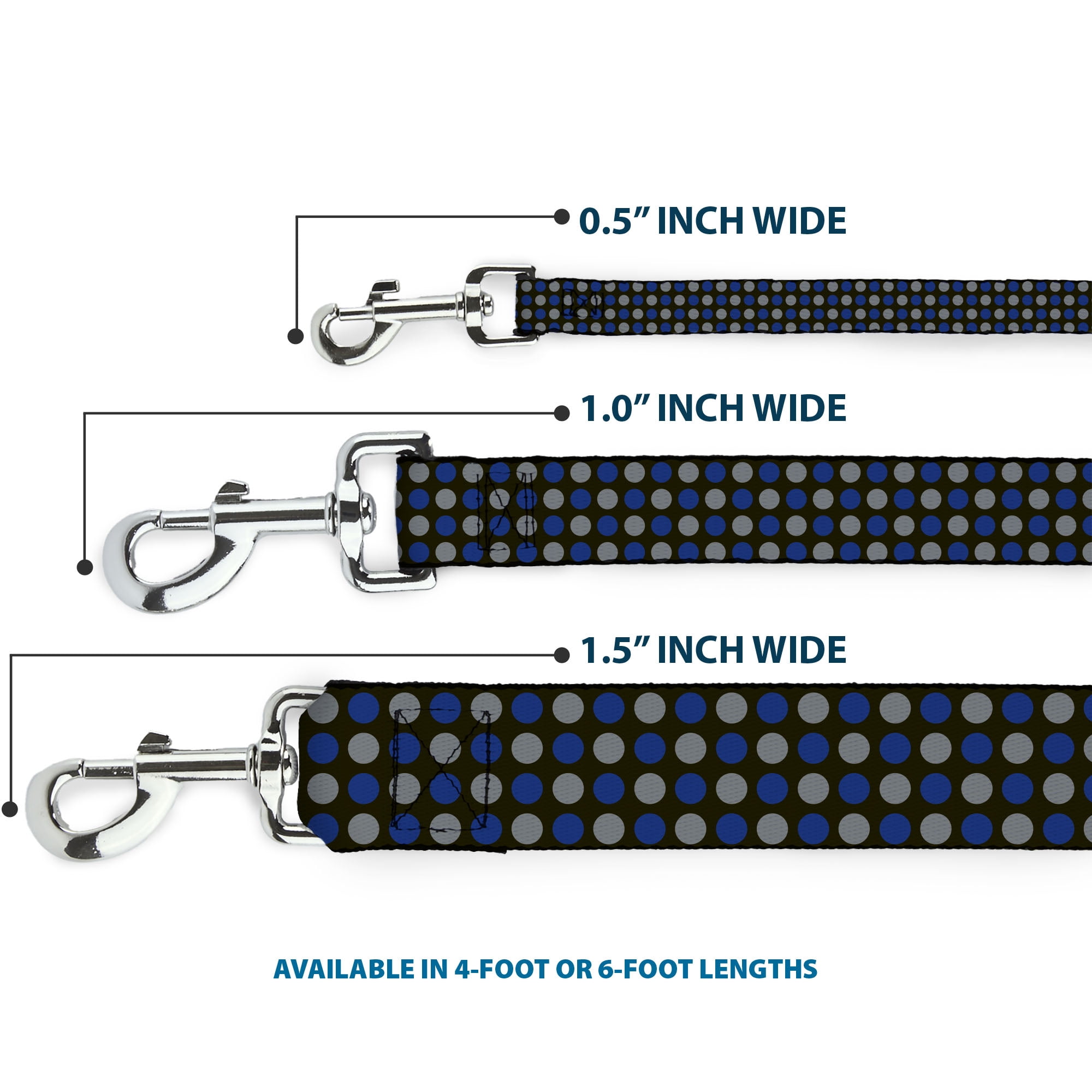 Buckle-Down Pet Leash, Dog Leash, Mini Polka Dots Black Blue Gray, 6 Feet Long 1.0 Inch Wide
