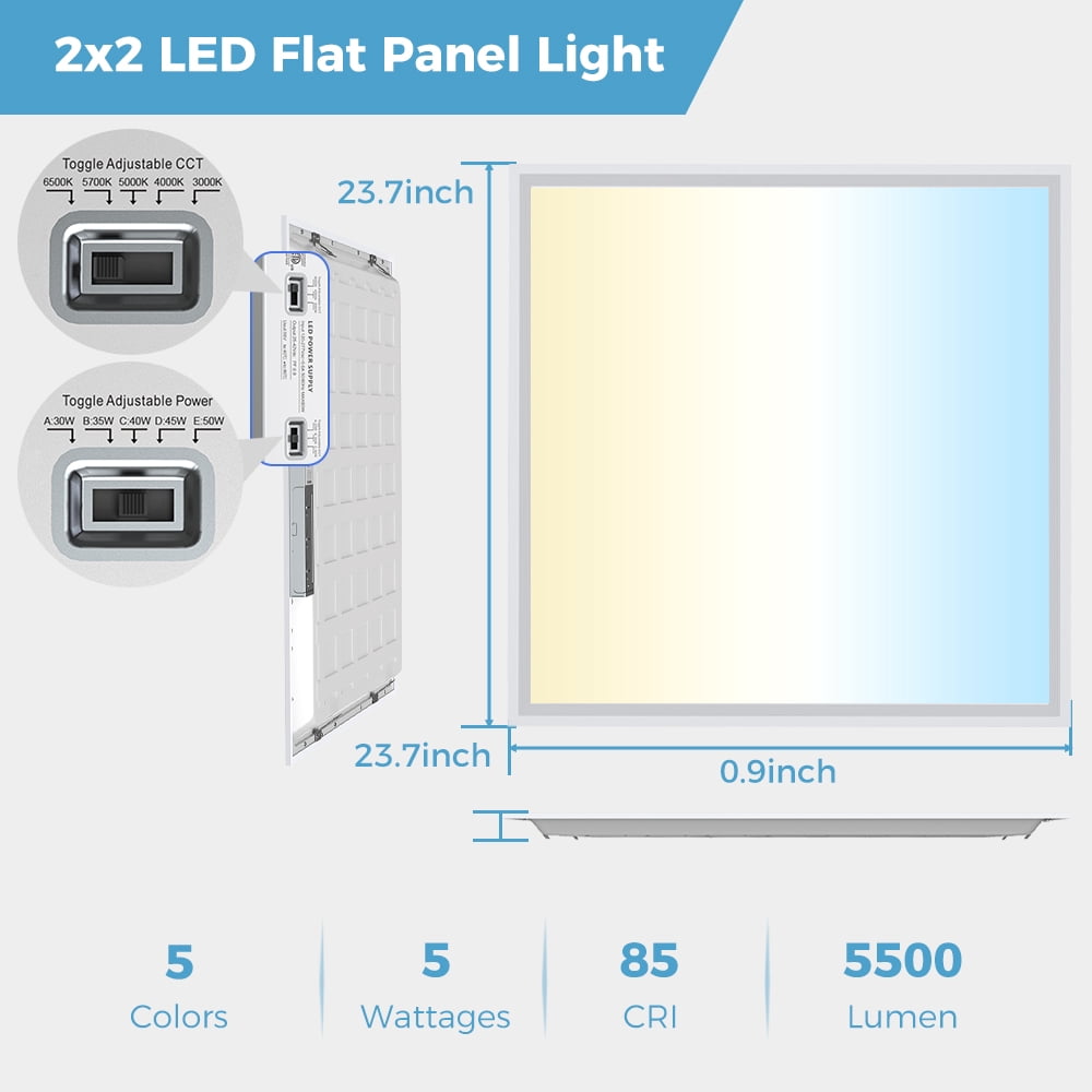 4 Pack 2x2 LED Drop Ceiling Flat Panel Light - 5CCT/5Wattage Selectable 5500LM Dimmable 120-277V for Commercial Home Use