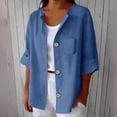 thumbnail image 4 of Aoiroe Women's Cotton Linen V Neck Button Down Shirt Long/Roll Up Sleeve Casual Collared Work Blouse Top Blue L, 4 of 9