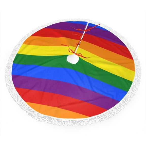 Rainbow Flag Christmas Tree Skirt Tassel Lace for Xmas Ornaments Decoration 30"