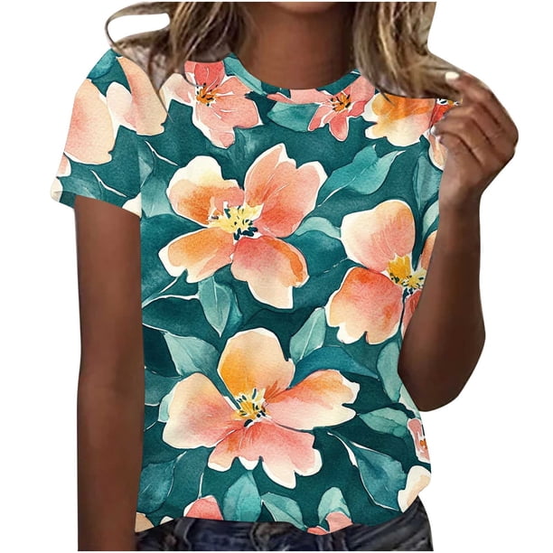 Camiseta de Cuello Redondo de Manga Corta con Impresión Floral para las Mujeres, Blusa de Poliéster Suave de Estilo de Vacaciones para el Uso Diario de Primavera Y Otoño