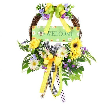 Spring Daisy Wreaths for Front Door, Artificial Summer Door with Bow Green Leaf, Farmhouse Wreath