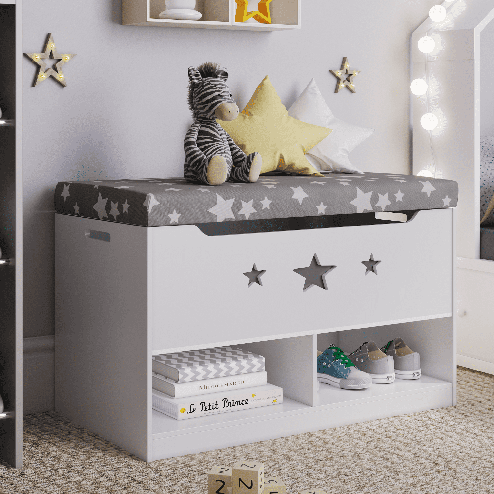 Sturdis Kids Toy Box – Gray & White with Cushion Storage Bench Seat, Toy Storage Chest and Cubby Space for Shoes and Books Organizers