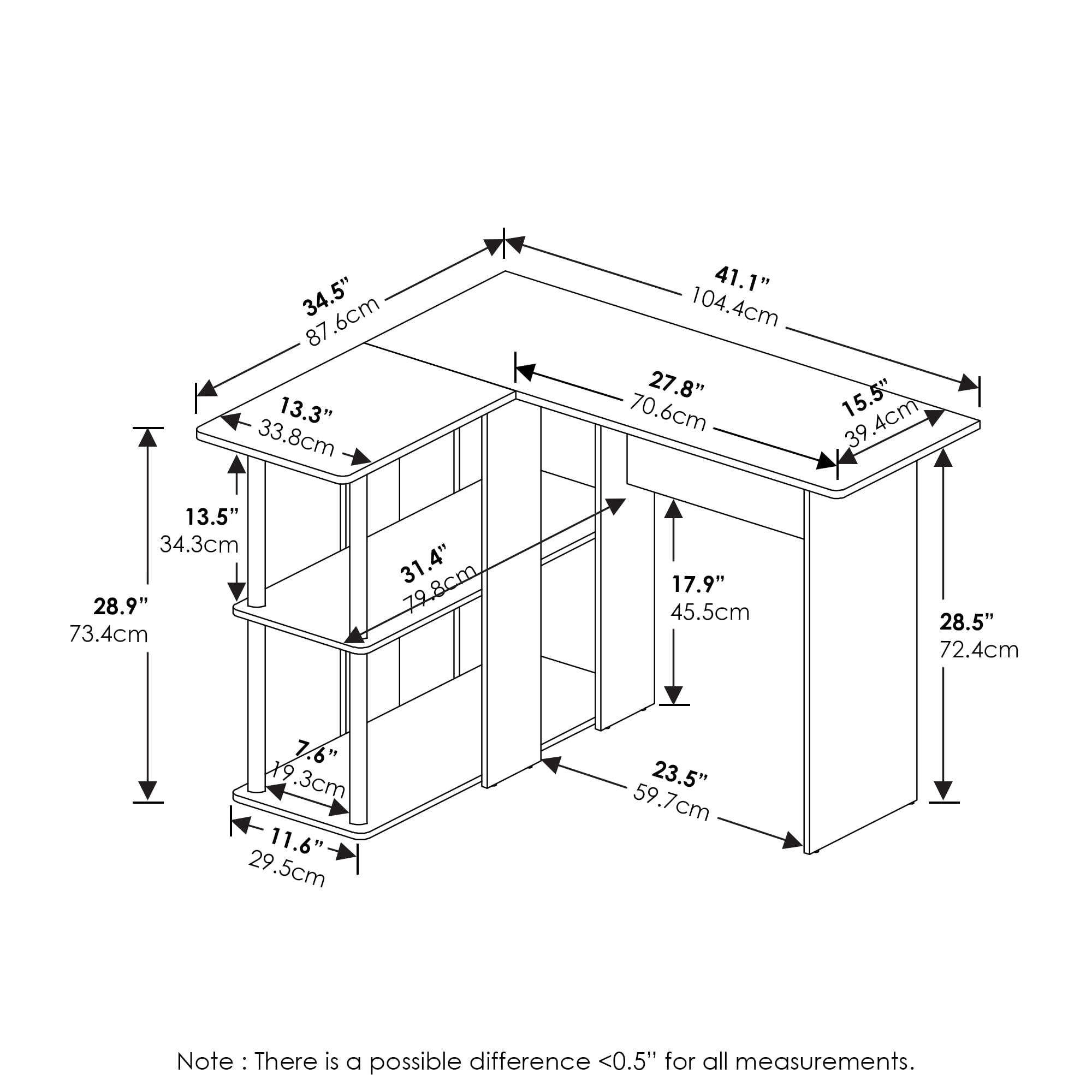Furinno Abbott L-Shape Desk with Bookshelf Americano Stainless Steel Tubes