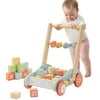 iRerts Baby Walker, Wooden Push Walker for Baby Boys Girls, Adjustable Height Walker for Baby with 30 Building Blocks, Learning Walker Toddler Gift for 1 2 3 Year Old