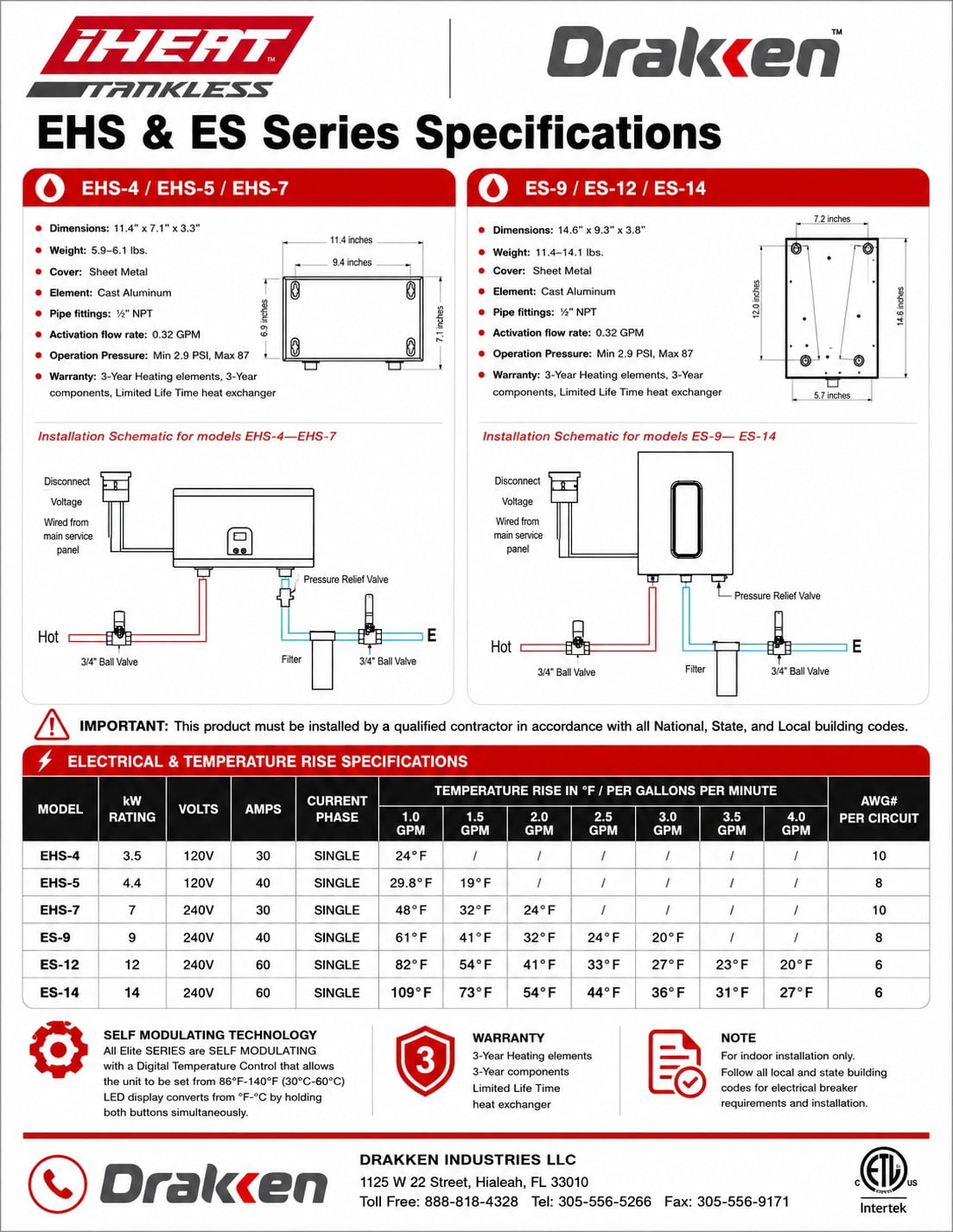 Drakken Elite Series EHS-7 7 kW Electric Tankless Water Heater, Point of Use, 240V, Digital Temperature Control