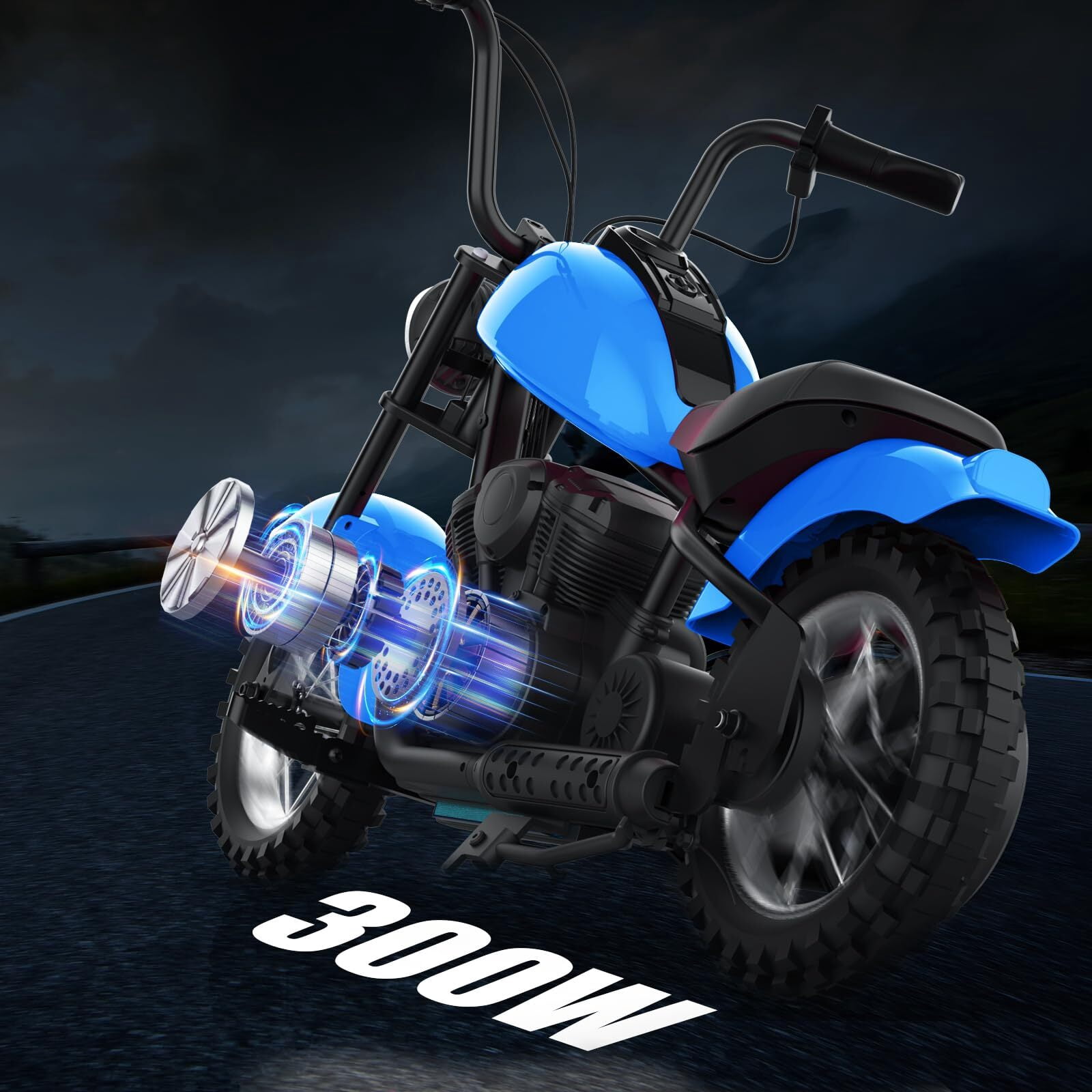 Hetoy Electric Dirt Bike, 15 Mph & 150lb Max, 24V Ride On Toy for Big Kids w/Led Lights & Power Display, 300W Chain-Driven Motor, Two Speed, Handbrake, Leather Seat, 12" Air-Filled Tires, Blue