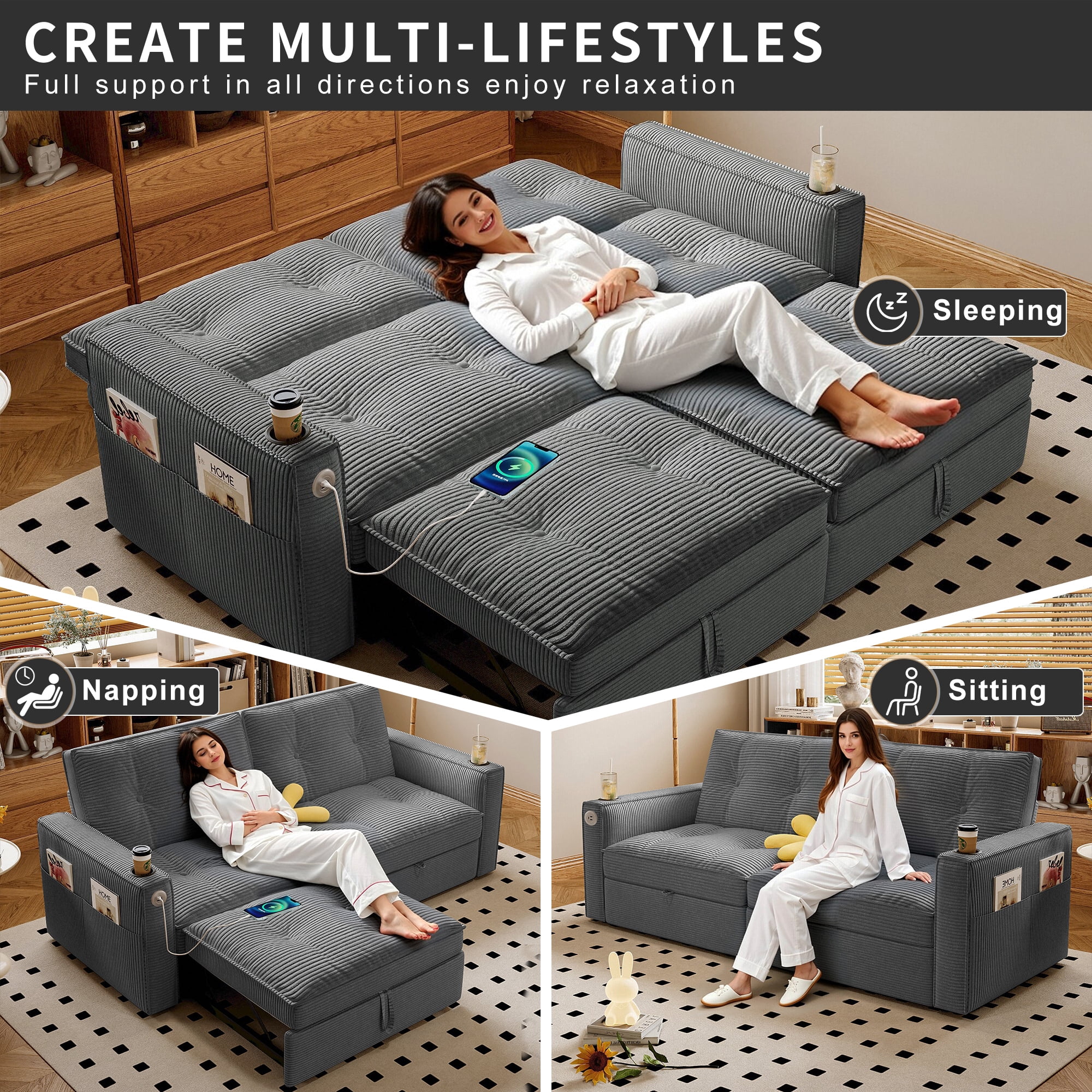 Leumius 73.2" Convertible Corduroy Sofa Bed with Pull Out Bed ,2-in-1 Multi-Functional Sofa Couch with Steel Frame for Living Room,Bedroom,Apartment,Small Spaces,Grey