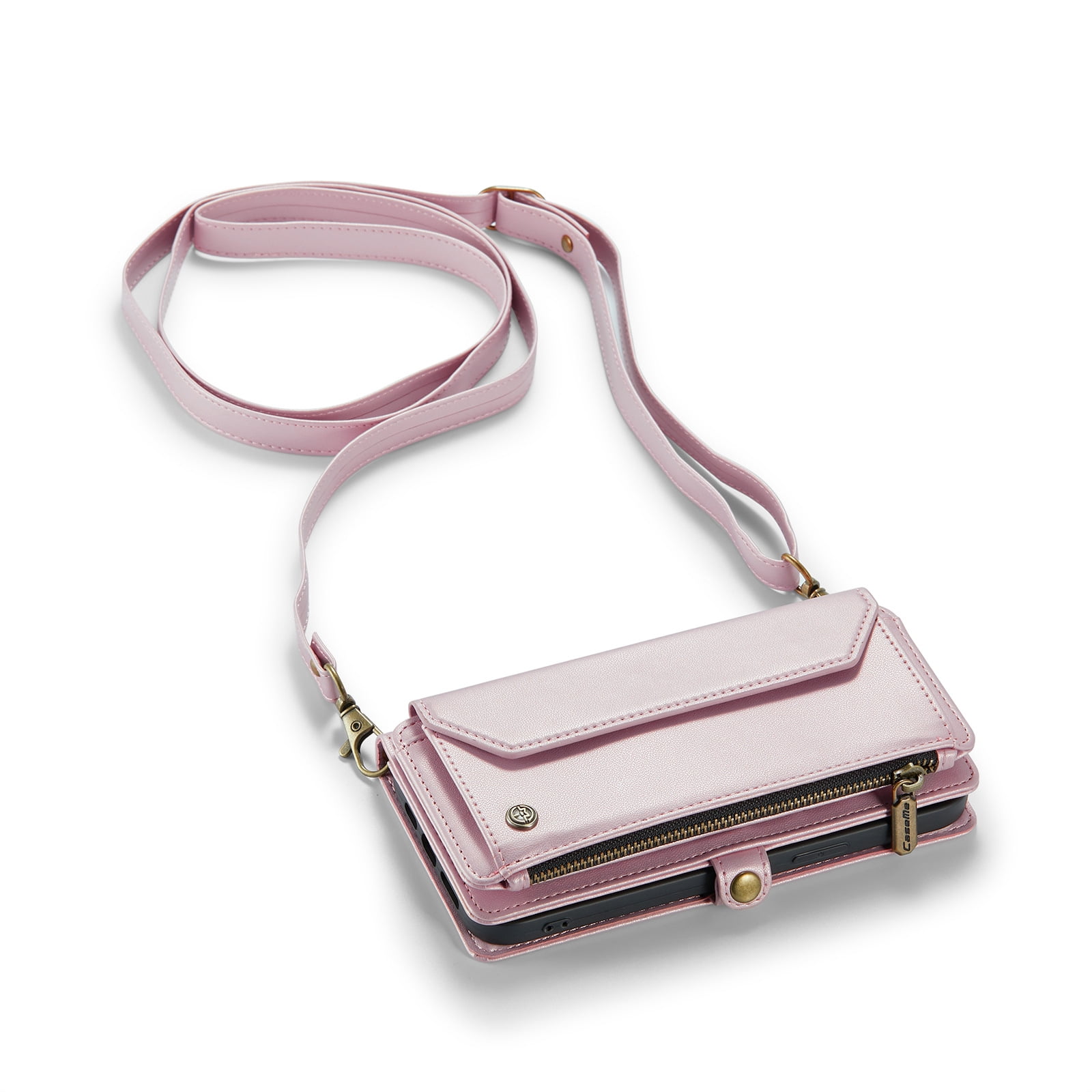 PINSAI Crossbody iPhone 13 Wallet Case with 7-Card Holder Zipper Bills Slot, Soft PU Leather Magnetic Flip Wristlet Shoulder Strap Phone Case Wallet for Women,Rose Gold