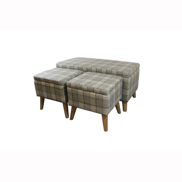ORE International Banc de Rangement de 18 Po de Hauteur avec 2 Poufs, Plaid Gris