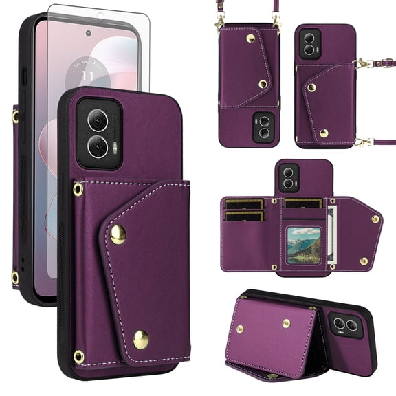 Furiet Wallet Case for Motorola Moto G Power 5G 2024 with Tempered Glass Screen Protector Slim Flip Purse Shoulder Strap, Luxury PU Leather Card Holder Stand Phone Cover for G5 Women Men Deep Purple