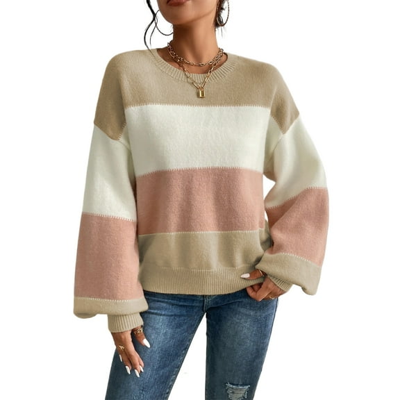 Women's Dusty Pink Color Block Lantern Sleeve Drop Shoulder Sweater - [ZhiHiMeRi] | (US 12-14)L
