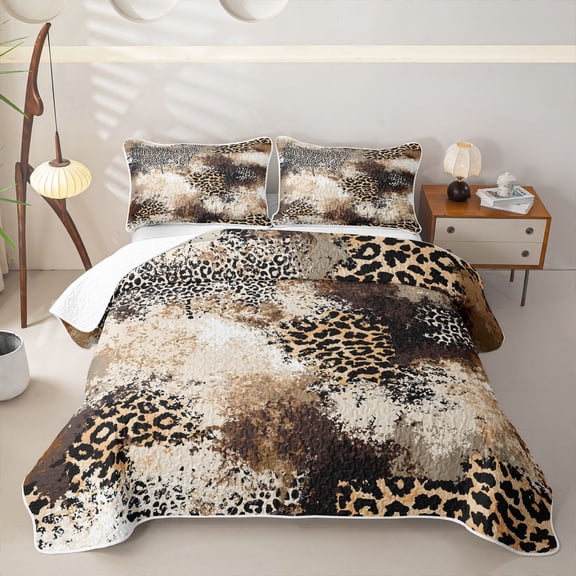 Homewish Brown Leopard Print Twin Quilt Set,Abstract Artwork Twin Coverlet Set,2-Piece