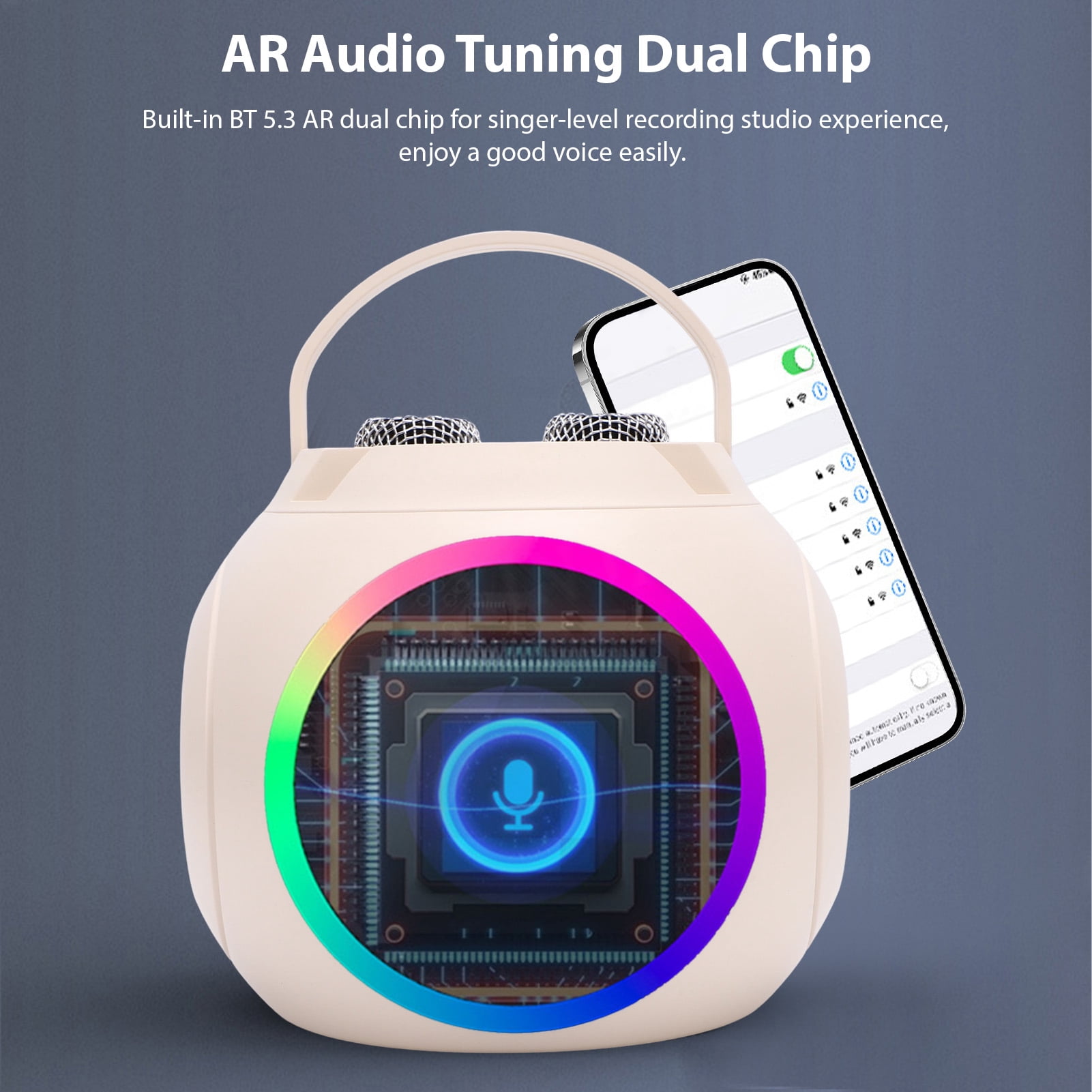 Rupoun Portable Bluetooth Karaoke Machine with 2 Wireless Microphones Built-in Rechargeable Battery RGB Light Effects Stand Alone Home Party Sound System White